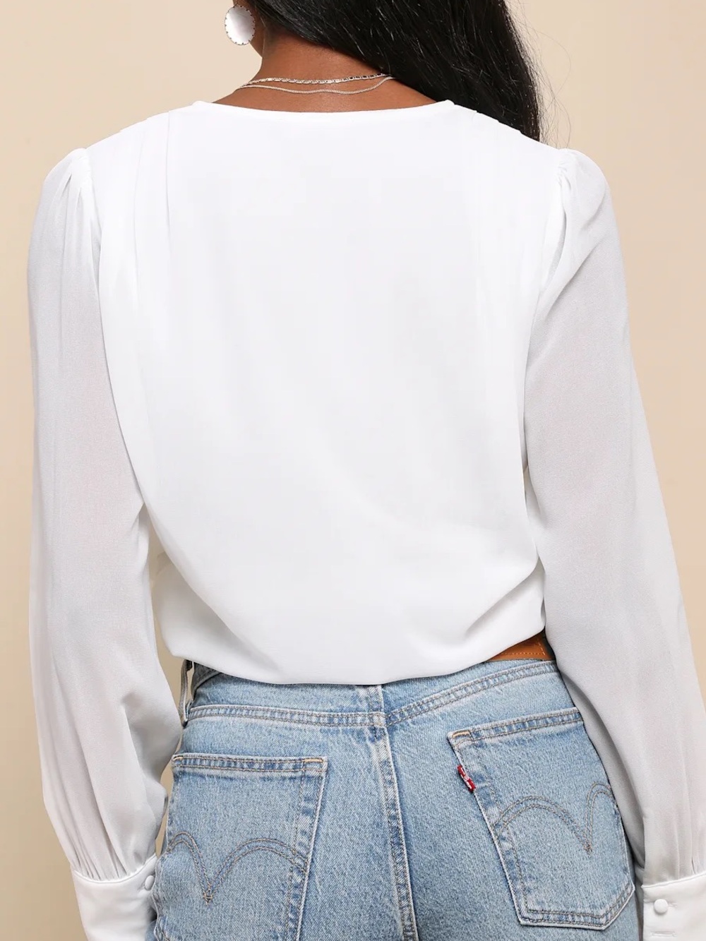 Lulus White Sophisticated Aspect Ivory Chiffon Surplice Bodysuit – Size M - Picture 4 of 6